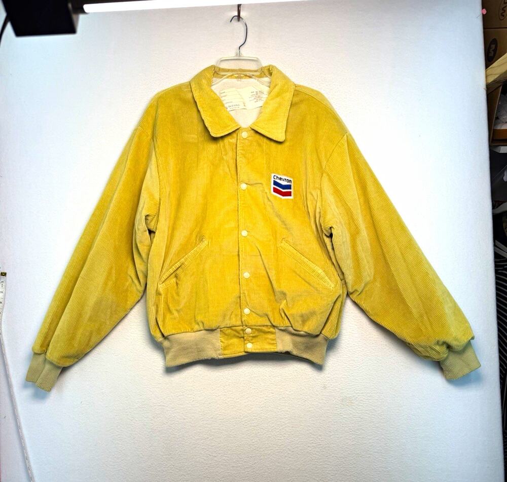 Vintage 80 Men XL yellow corduroy Snap Front Lined Bomber Jacket Chevron Patch